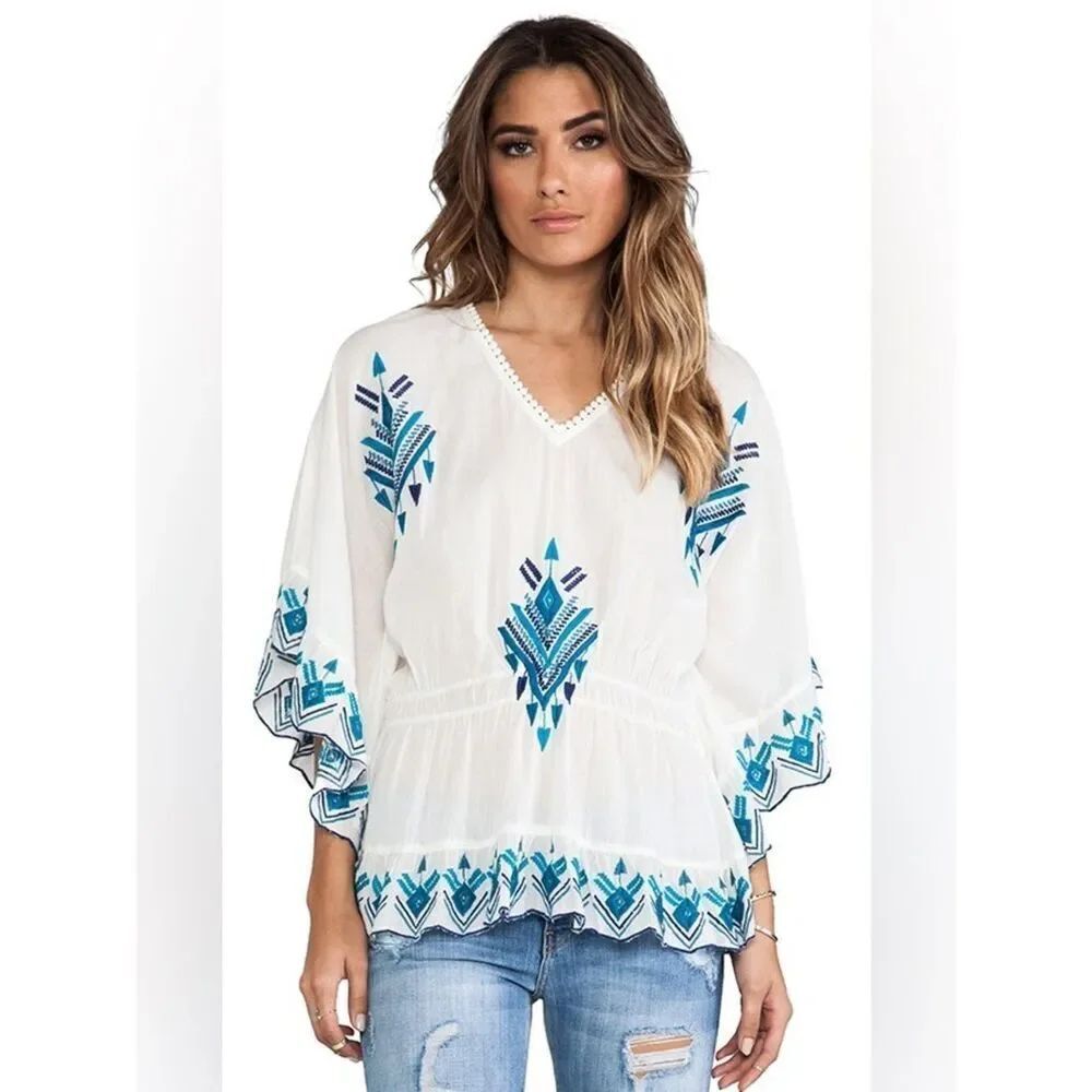 Anthropologie RAGA White Boho Chic Peasant Top with Blue Embroidered Motifs
